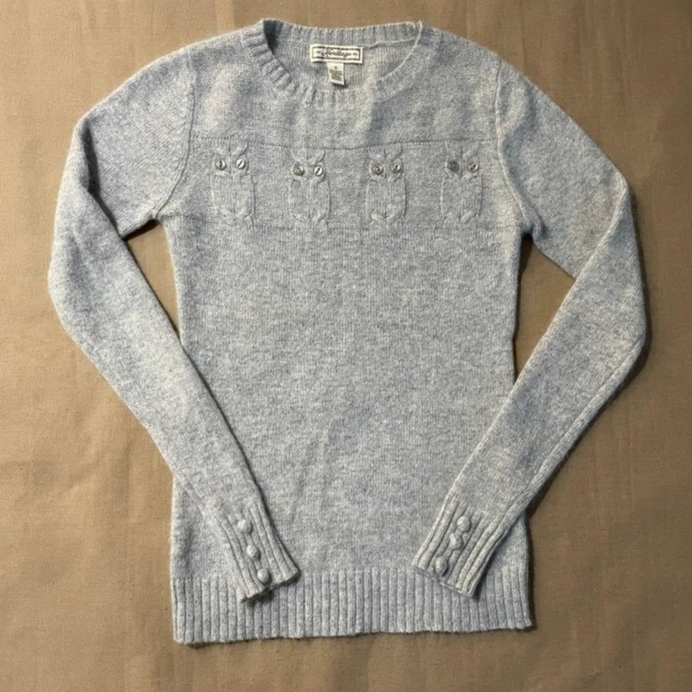 Heritage Owl Sweater Sz S Gray Angora Blend Cable Knit Owls Whimsical Birding